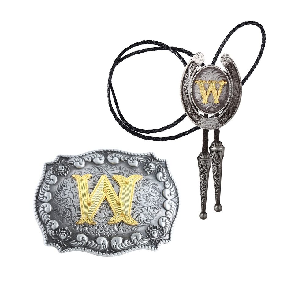 7877 2 Pieces Western Cowboy Belt Buckle Bolo tie Set Golden Initial Letter